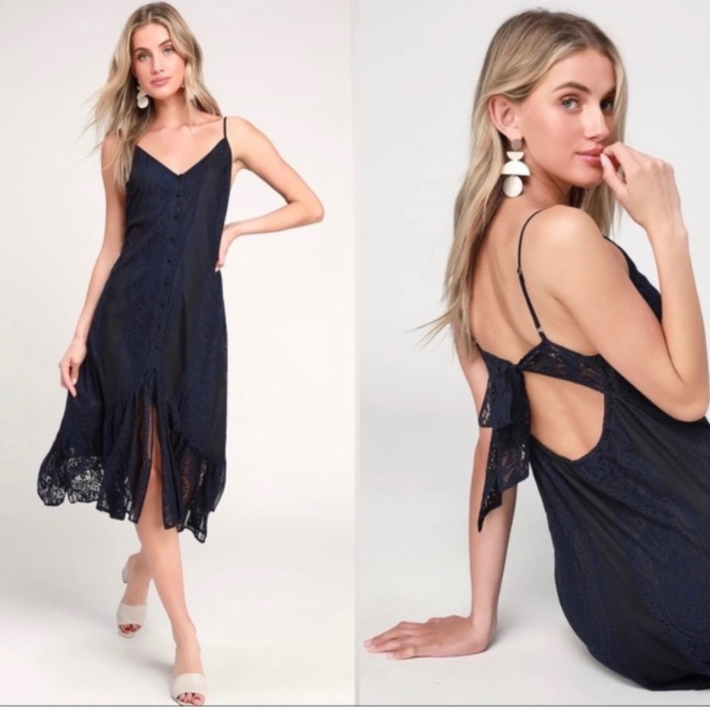 Lulus Zahria Navy Lace Button Front Midi Dress NWT